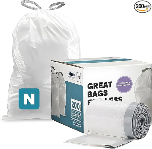 Plasticplace White Drawstring Lavender and Soft Vanilla Scented Garbage Can Liners, Compatible with Code N (200 Count) 12-13 Gallon, 45-50 Liter, 1.2 Mil, 22.5" x 31.5"