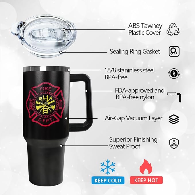 Ceovfoi Firefighter Gifts for Men,40 oz American Flag Tumbler with Handle Lid and Straw Stainless Steel Cups Mug, Firefighter Stuff Supplies Accessories