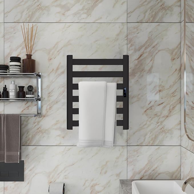 6-Bar Wall Mounted Towel Warmer Rack, Electric Heated Towel Rack for Bathroom, Fast Heating & Constant Temperature, Built-in Timer & Adjustable Temp, Plug-in, Matte Black