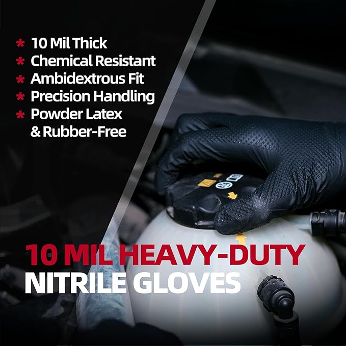 Jointown Upgraded 10 Mil Heavy Duty Nitrile Gloves, Mechanic Gloves Nitrile Disposable, with Raised Diamond Texture, Case of 200, Black, Medium