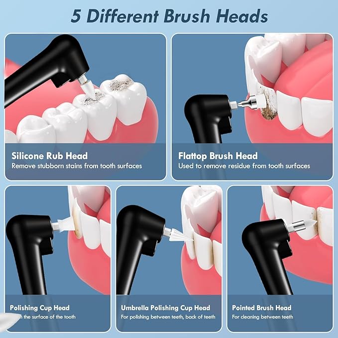 Coobest Tooth Polisher Kit with 5 Speed Modes and 5 Heads, Tooth Whitening for Cleaning with LED Light, IPX7 Waterproof Tooth Polish Complete Teeth Cleaning Tools Home Dental Care Set Black