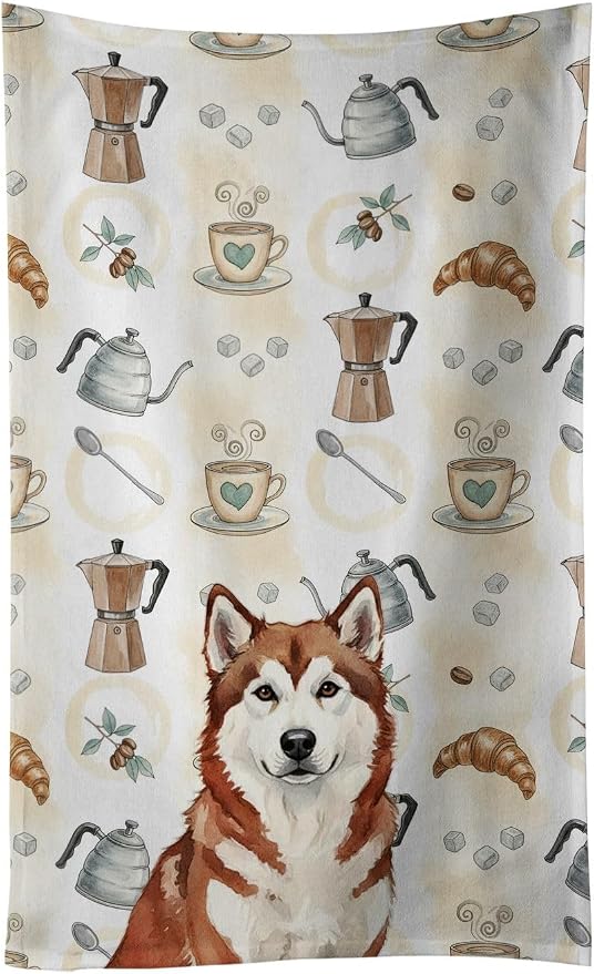 Caroline's Treasures Red and White Alaskan Malamute Coffee Bar Kitchen Towel Velour Plush Front and Cotton Loop Back Machine Washable