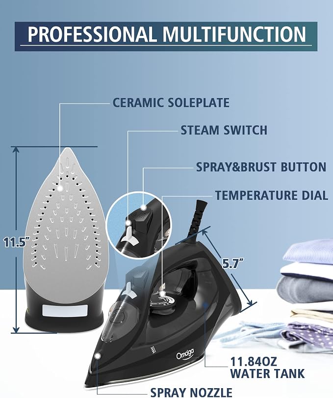 OMAIGA Steam Iron for Clothes, 1500W Iron with Rapid Heating, Non-Stick Ceramic Soleplate, Burst of Steam, Self-Cleaning, Auto-Off, Anti-Drip, 11.84oz Water Tank Ironing Clothes for Home, Black
