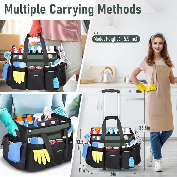 Ytonet Cleaning Caddy with Wheels, Large Rolling Caddy Bag with Detachable Trolley for Housekeepers, Water Resistant Cleaning Cart Supplies Organizer for Home, Car, Tool Organizer, Mobile Storage