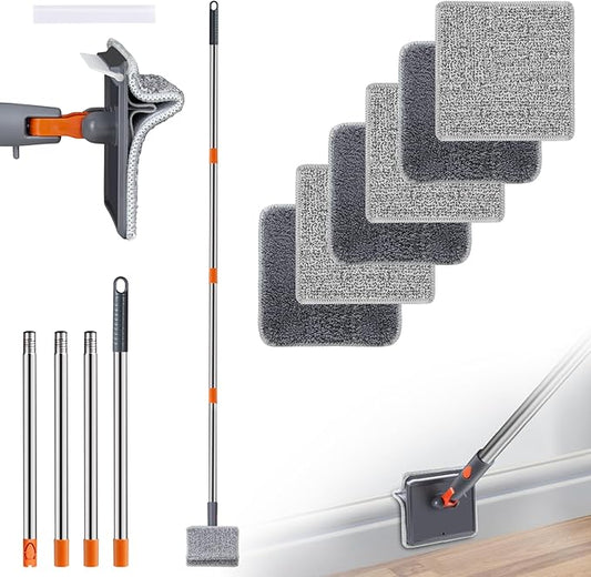 Baseboard Cleaner, PLOEOUAR Convex Duster Cleaning Mop with 63'' Long Handle, 360° Rotatable Adjustable Mop with 6 Reusable Pads for Baseboards Cleaning, Door Frame, Windows & Ceiling