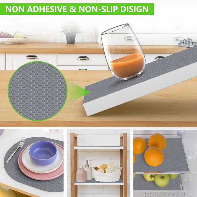 Shelf Liners for Kitchen Cabinets Refrigerator Liners Waterproof & Oil-Proof Kitchen Cupboard Liner Non-Slip Drawer Mats Non Adhesive Fridge Liner for Shelves - Gray 17.5 x 157.4 Inches