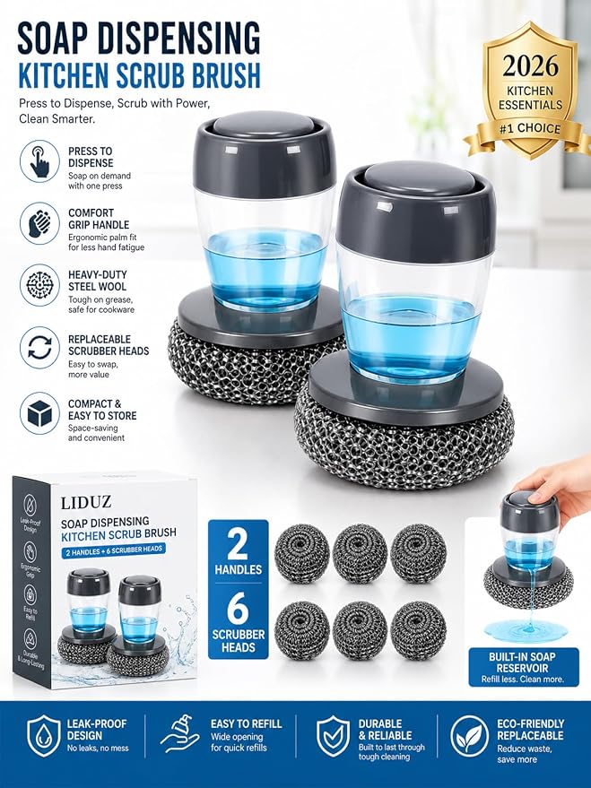 Soap Dispensing Palm Brush Set, 2 Pack Dish Scrubber with Soap Dispenser and 6 Replacement Steel Wool Pads, Press Top Kitchen Scrub Brush for Dishes Pots Pans Sink Cleaning