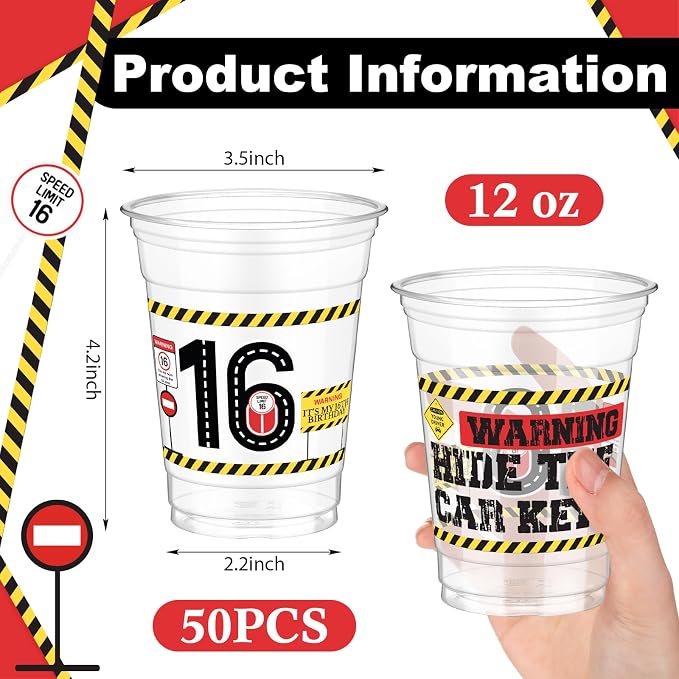 Jingmore 50 Pcs Birthday Plastic Cups 12 oz Birthday Disposable Plastic Cups Thick Clear Drinkware for Men Women Celebrate Party Supplies(16th)