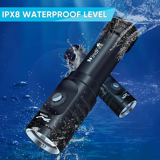WINDFIRE Dive Light Scuba Diving Flashlight Bright Underwater Flashlight | 3 Modes, Power Indicator, IPX8 Waterproof, Built-in Battery Non-detachable, Long-lasting, Night Diving & Snorkeling