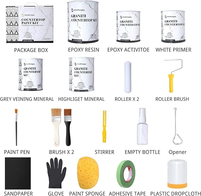 Smalltongue White Marble Countertop Paint Kit(Including Epoxy Resin), All-IN-ONE Set, Cover Up to 35 SQ. FT., For Marble, Granite, Formica, Laminate, Ceramic Tile etc.