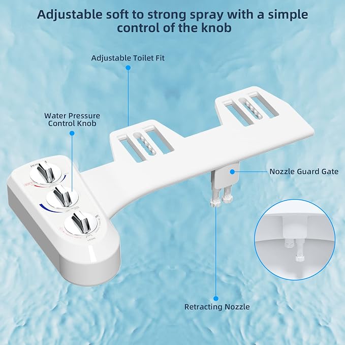 Hibbent Bidet Attachment for Toilet, Self Cleaning Dual Nozzle, Hot & Cold Water Spray Non-Electric Mechanical Bidet Toilet Seat for Rear or Female Washing Sanitizing, Adjustable Water Pressure, White