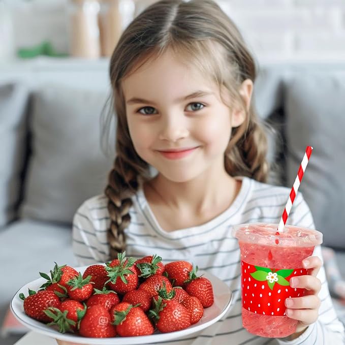 FYSUIMU 50Pcs 12Oz Strawberry Disposable Plastic Cups with Lids and Straws Sweet Fruit Theme Cold Beverage Drinking Cups for Home Kitchen Summer Birthday Supplies