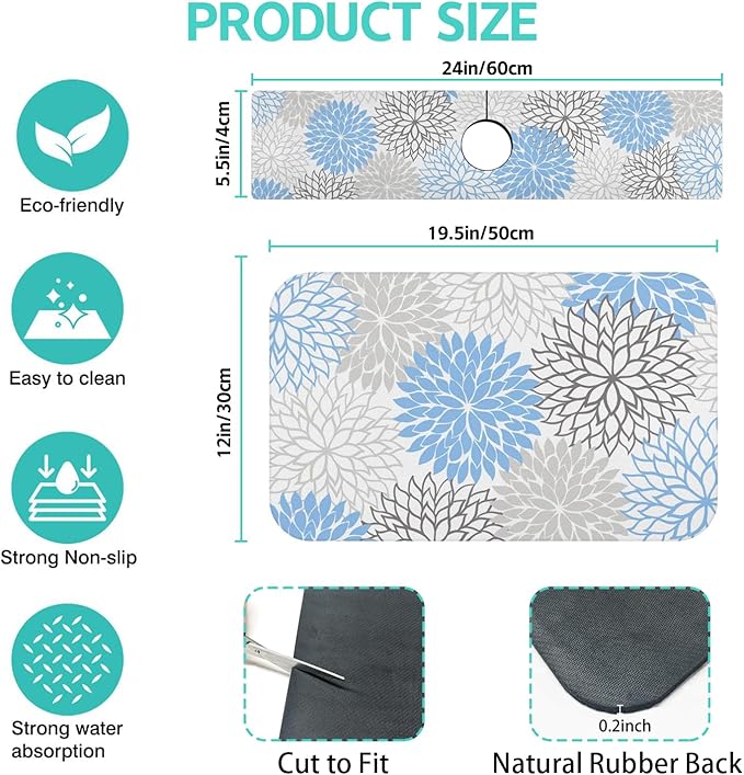 Dish Drying Mat for Kitchen Counter Matt, 2PCS 19"x12" Dish Drainer Mat & 24"x5.5" Sink Splash Guard, Super Absorbent Non-slip Rubber Backed