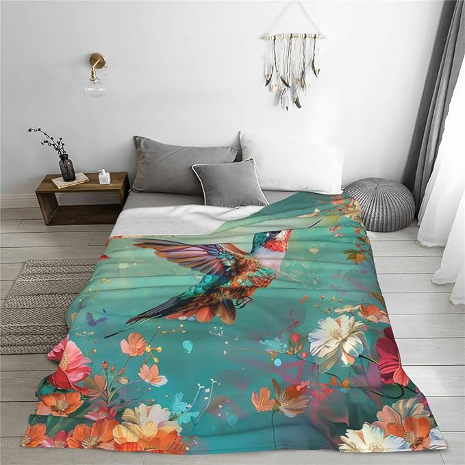 Hummingbird Flower Blanket Bird Floral Blossom Decor Throw Blanket Cozy Plush Flannel Fleece Warm Soft Lightweight Fuzzy Blanket Gifts for Women Girls Boys Teens for Bed Sofa Couch60 X80
