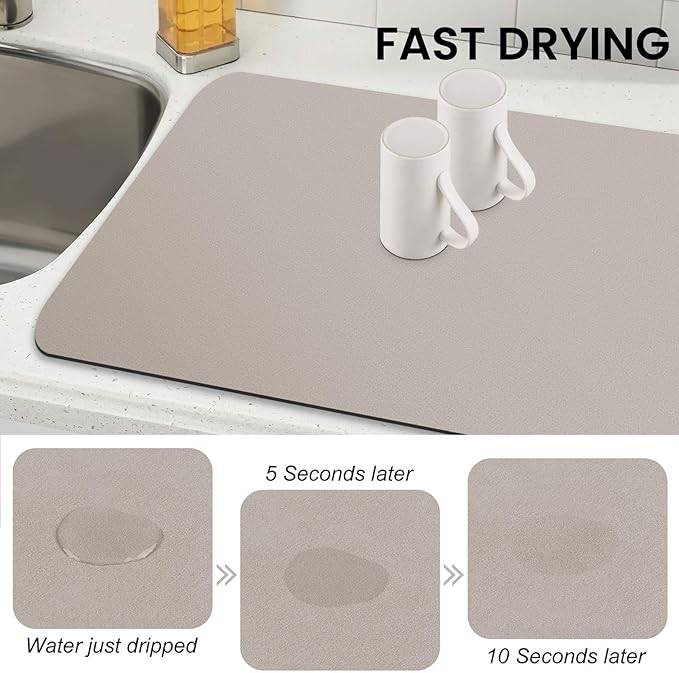 WISELIFE Dish Drying Mat Super Absorbent Drying Mat Large Dish Drying Mats for Kitchen Counter Easy Clean Dish Mat Kitchen Drying Mat18"x 28" Classic Khaki