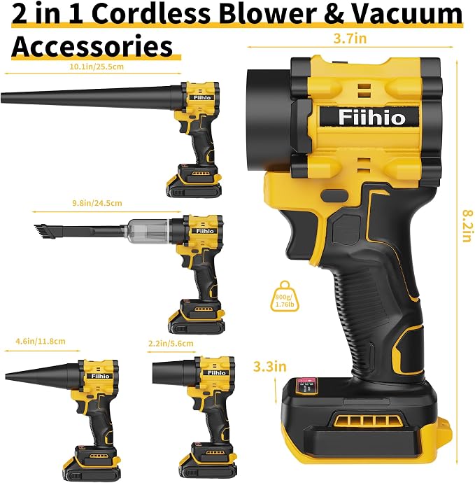 Cordless Leaf Blower Compatible with Dewalt 18V/20V Battery, 100,000RPM Powerful Handheld Air Blower Duster with LED Light, 9,000Pa 2 in 1 Vacuum Duster & Blower for Cars, Home (No Battery)
