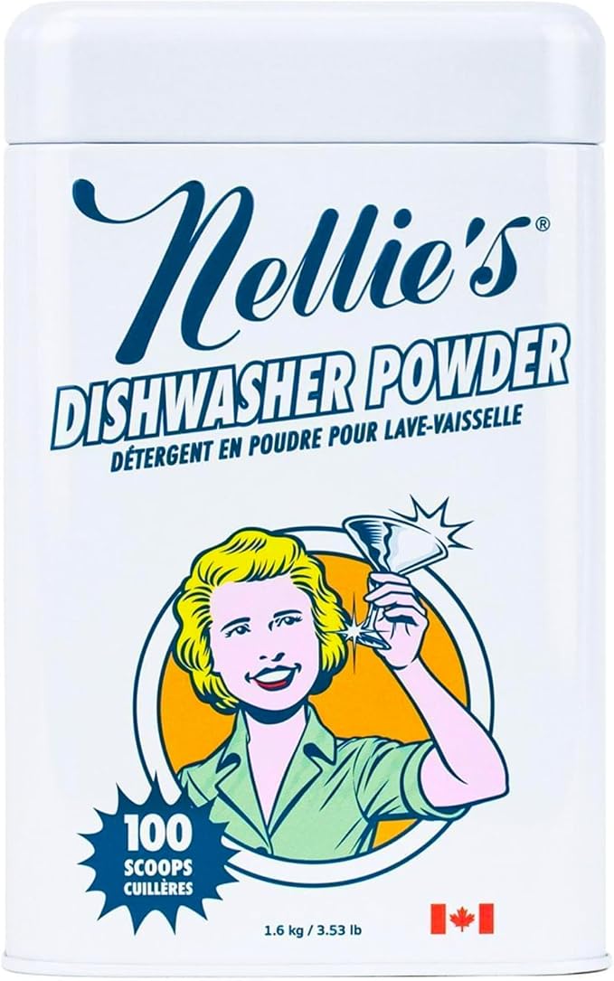 Nellie's Dishwasher Powder - Tough on Food Residue, Plant-Based Ingredients, Spotless Clean, High-Efficiency Dishwashing Solution - 100 Scoop Tin - (Made in Canada) | Plant-Based, Phosphate-Free & Septic-Safe, HE Compatible, Made in Canada