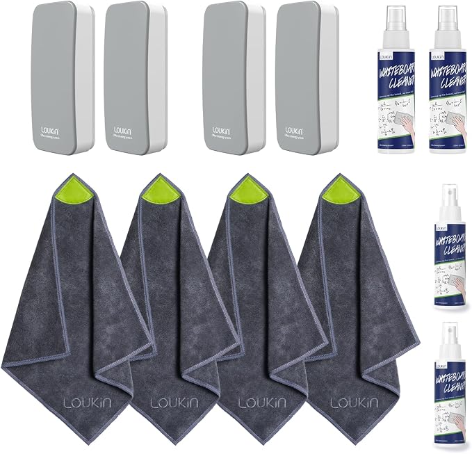 LOUKIN | Magnetic Dry Erase Eraser (Gray) 4 Pack & Non-Toxic Whiteboard Cleaner (3.4 fl oz) 4 Pack & Magnetic Cleaning Cloth 4 Pack