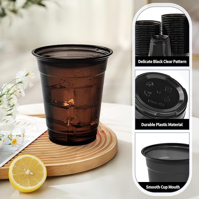 100 Pack Black Clear Plastic Cups 12 oz Disposable Drinking Cups for Wedding Pink Birthday Party Supplies