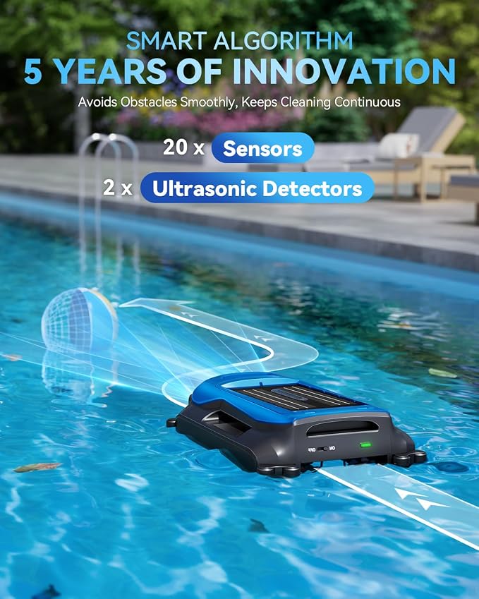 24/7 Solar Powered Pool Skimmer Robot with APP Support, Automatic Electric Floating Surface Cleaner for Above Ground & Inground Pools, Auto Robotic Pool Skimmer Bluetooth Control（Blue）