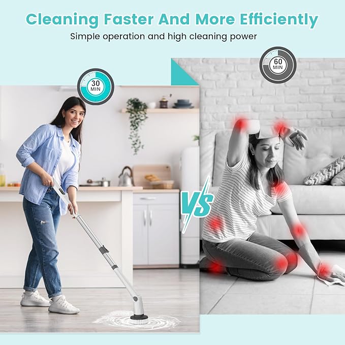 Electric Spin Scrubber, New Cordless Power Tub Scrubber with Long Handle,101 Lbs Strong Torque Shower Brush with 8 Heads, 2 Speed Mode 3 Adjustable Angles for Cleaning Bathroom Tile