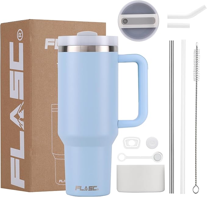 FLASC 40 oz Tumbler With Handle and Straw | 100% Leakproof Insulated Tumbler With Lid and Straw | Includes ALL Accessories: Stainless Steel Straw, Silicon Boot, Straw Cover & Cleaner (Sky Blue)