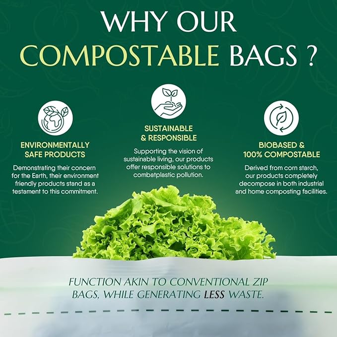 100% Certified Compostable Gallon Bags (30 Counts), Resealable BioBased, Leak Proof And Freezer Safe, Extra Strength Storage, Also Available Gallon, Snack and Sandwich Size Bags (Gallon) | Biobased, Leak-Proof, Durable, Freezer-Safe, Extra Strong