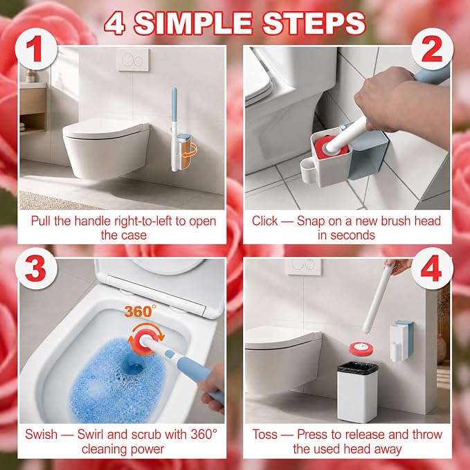 Disposable Toilet Brush with Wall Mounted Holder, 24 Toilet Wand Refills | Hands Free Toilet Brush with One-Button Release, Bathroom Cleaning Set for RV & Small Bathroom, Light Rose Scent
