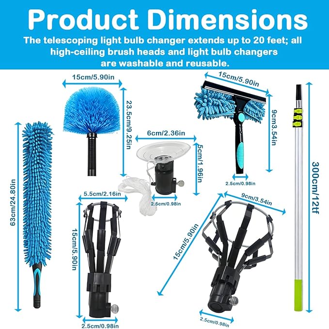 20FT Light Bulb Changer for high Ceilings with 5-12FT Telescoping Pole,Ceiling Fan Cleaner Duster with Extension Pole,Light Bulb Changer and Cobweb,Window Cleaning Kit for Home House Roof