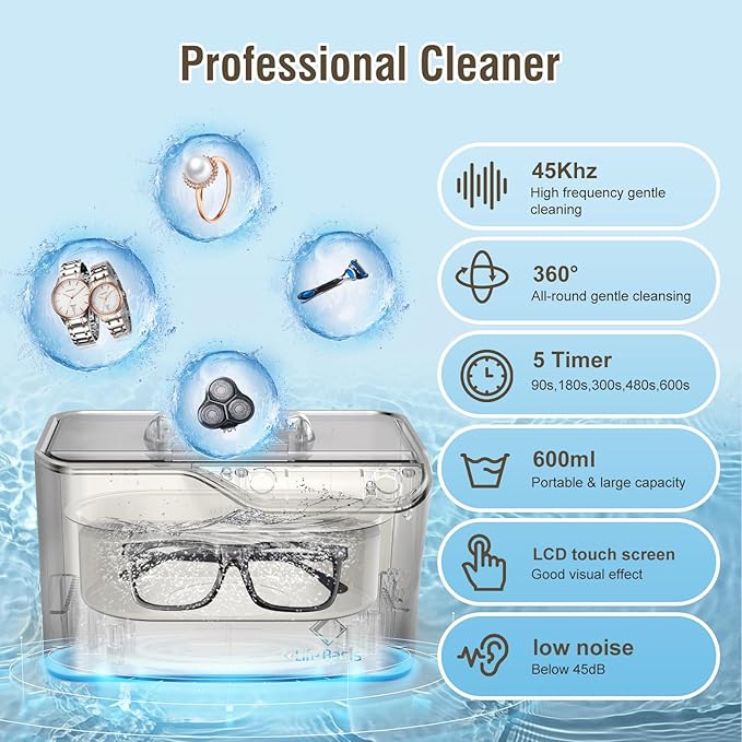 LifeBasis Ultrasonic Cleaner, Professional 45kHz Ultrasonic Jewelry Cleaner 20 Ounces (600ML) with Digital Timer, Watch Holder Ultrasonic Glasses Cleaner for Rings, Coins, Watches, Dentures, Silver