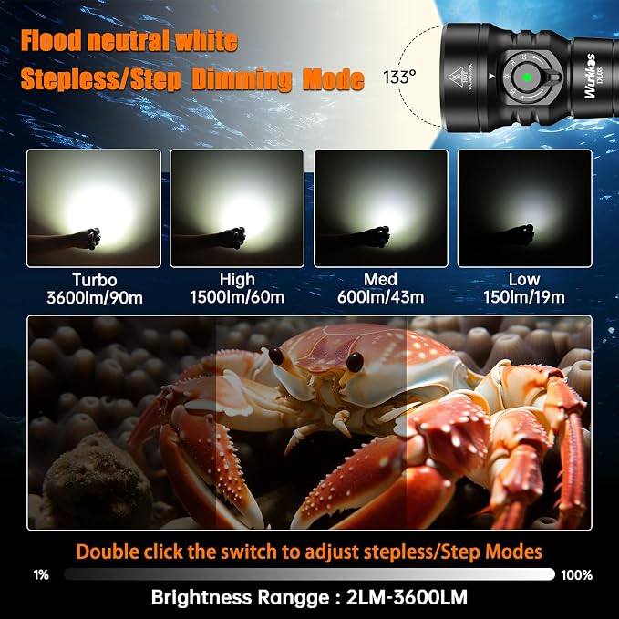 Wurkkos DL08 Dive Light, 3600 Lumens Rechargeable Scuba Underwater Lights with Red and UV Light, IP68 Underwater Video with Infinite Brightness Adjustment and 5000mAh Battery for Night Diving