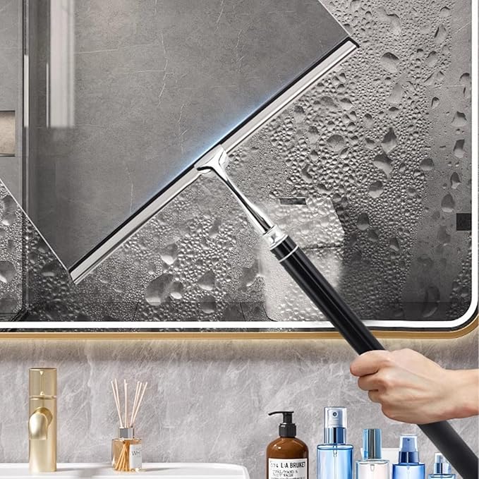 17.3″-60″ Extendable Shower Squeegee with Long Handle - Metal Window Squeegee with Extension Pole for Shower Glass, Home High Window, Floors
