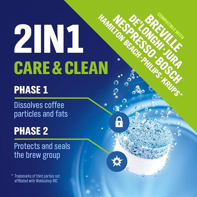 WoldoClean 2-Phase Cleaning Tablets (25 Count, 3.5g) - Compatible with Jura Automatic Coffee Machines E8, S8, Z10, J8, ENA & GIGA, Blue & White Formula, Cleans & Seals, Individually Sealed