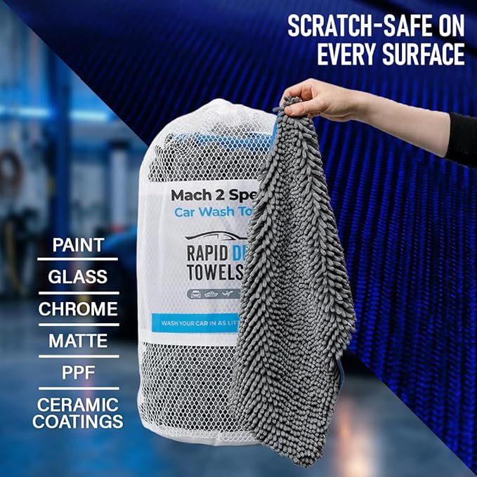 Rapid Dry Towels Mach 2 Speed Car Wash Towel | 23.5 x 11.9 in | Chenille Microfiber Car Wash Cloth | 7X Larger Than Wash Mitt | Ultra Absorbent, Scratch-Free, Auto Detailing Towel for Cars SUVs Trucks