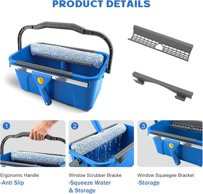 SetSail Window Cleaning Kit with Bucket 3 Gallon, 14-in Window Squeegee and 15-in Microfiber Scrubber, 64" Window Washing Kit, Professional Window Cleaner Tool for Indoor Outdoor Commercial Car, Blue