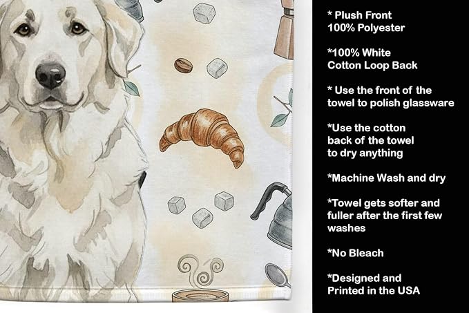 Caroline's Treasures White Great Pyrenees Coffee Bar Kitchen Towel Velour Plush Front and Cotton Loop Back Machine Washable