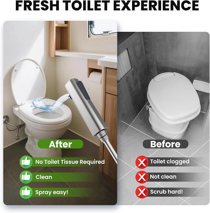 RV Bidet Sprayer, RV Handheld Bidet with Water Hose & RV Fitting, Wall-Mount Toilet Sprayer for Motorhomes, Fifth Wheels, Trailers & Campers Toilet (Brushed)