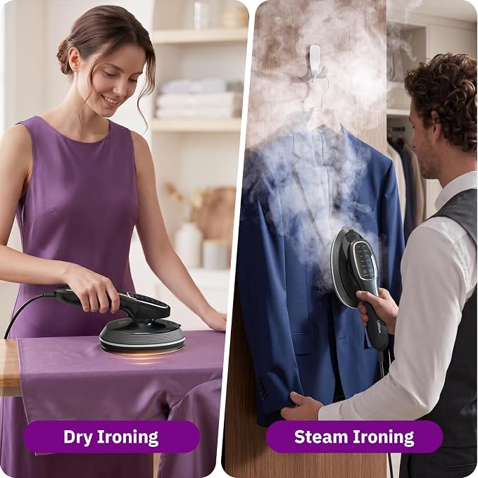 OGHom 2-in-1 Steamer & Iron for Clothes, 120V Handheld Clothes Steamer Iron, 1200W Fast Heat in 20s, Quick Wrinkle Removal 10 Adjustable Levels for Delicate to Thick Fabrics - Black