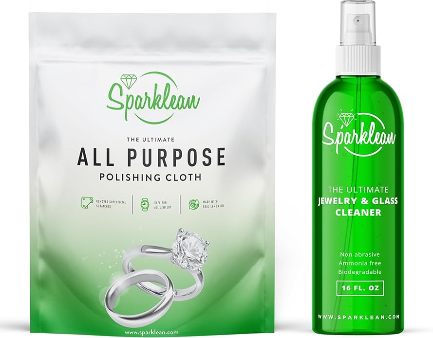 SPARKLEAN Jewelry Cleaner Kit · 16oz Spray + Silver Polishing Cloth · Cleans + Polishes + Removes Tarnish · Safe on Gold Silver Diamond Pearl · Family Size · Made in USA Since 2000