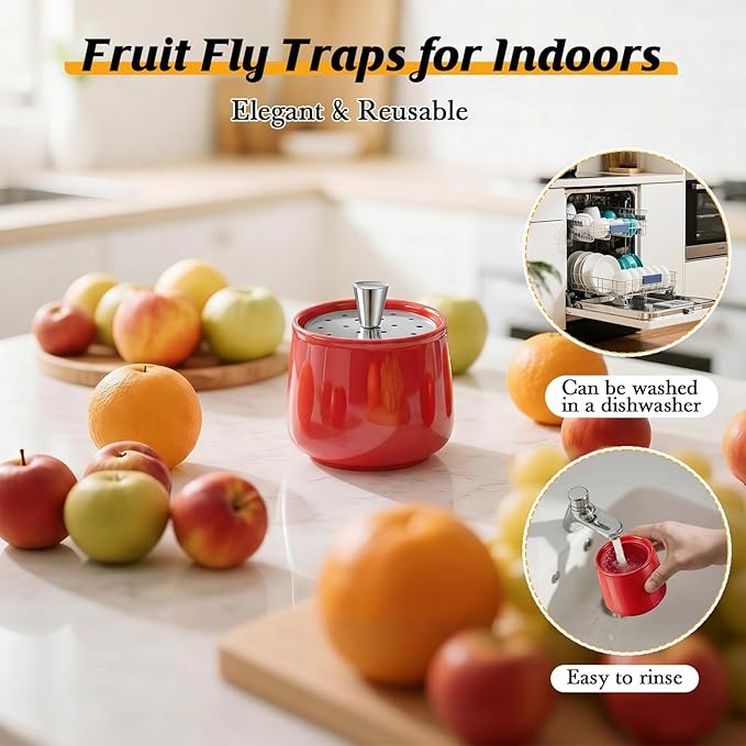 Ceramic Fruit Fly Trap for Indoors, Reusable Kitchen Fly Catcher with Stainless Steel Vent Lid, Uses Safe & Natural Vinegar Bait Trap, Dishwasher Safe, Easy to Use(Red,1 Pack)