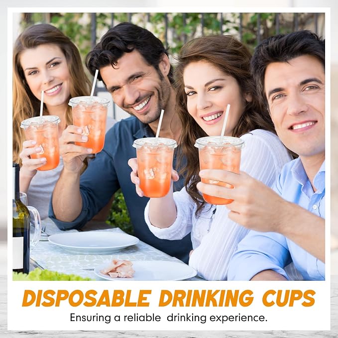 Ziliny 50 Sets Clear Round Bottom Plastic Cups with Lids and Straws, Cute Disposable Drinking Coffee Cups, for Christmas Valentine's Galentine's Day Party Wedding Birthday Supplies (16oz,Clear)