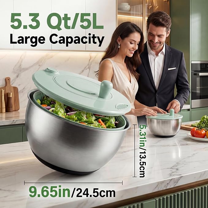 Salad Spinner with Slicer & Grater: Stainless Steel Salad Spinner, Lettuce Spinner with Drain, Non-Slip Base,Stop Button,Vegetable Dryer with 3 Blade Slicers, 1 Egg Yolk, 2 Strainer Shredders, 5.3 Qt