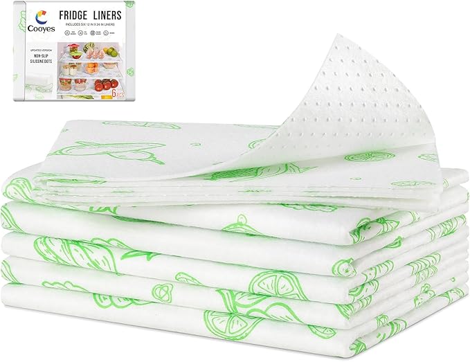 Cooyes Refrigerator Liners, Premium Absorbent Fridge Mats Non-Slip Washable, 12" x 24" Refrigerator Shelf Liners and Mats for Glass Shelves & Kitchen Cabinets, Non-Adhesive(6 PCS Green Veggie)