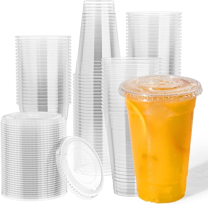 JOLLY CHEF 500 Pack 20 oz Clear Plastic Cups with Flat Lids, Disposable Iced Coffee Cups, Premium Crystal Smoothie Cup for Party, Cold Drinks, Juice, Wedding, Christmas, Birthday, Halloween, Party