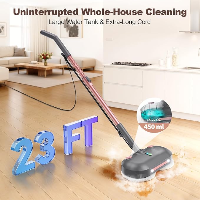 Scrubbing Steam Mop with Rotating Pads,All-in-One Spin Steam Cleaner for Floor Cleaning,Large Tank,23FT Cord, LED Headlights,Reusable Pads & Self-Standing,Safe for Hard Floor/Laminate/Marble