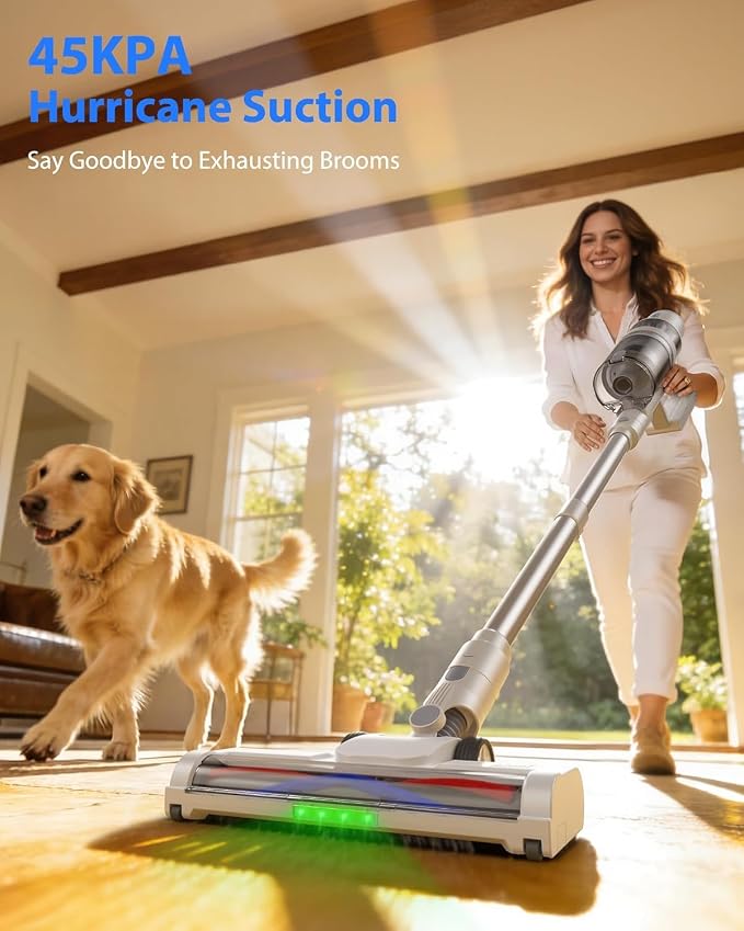 Cordless Vacuum Cleaner, 45KPA Stick Vacuum Cleaners for Home, 6-in-1 Rechargeable Lightweight Vacuum, Up to 35Mins Runtime, with Powerful Suction for Carpets, Pet Hair, Hardwood Floors