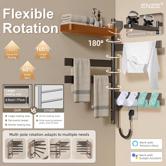 ENZE Smart Rotating Heated Towel Rack for Bathroom, 4-Bar Wall-Mounted Electric Towel Warmer with Swivel Shelf, Wi-Fi App Control, 24H Timer, Stainless Steel, IPX5, Hardwired/Plug-in, Gray