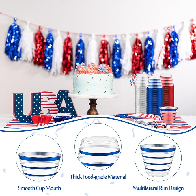 Gejoy 9 oz 60 Pcs 4th of July Rimmed Stripe Plastic Cups Bulk Disposable Wine Hard Plastic Drinking Cocktail Cups Tumblers for Wedding Gathering Party Supplies(Blue, Red, Silver)