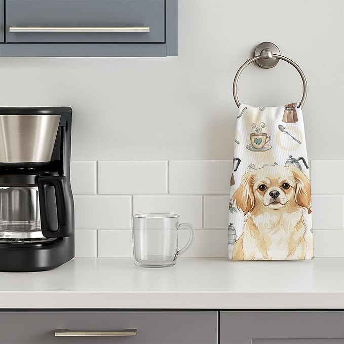 Caroline's Treasures Cream Tibetan Spaniel Coffee Bar Kitchen Towel Velour Plush Front and Cotton Loop Back Machine Washable