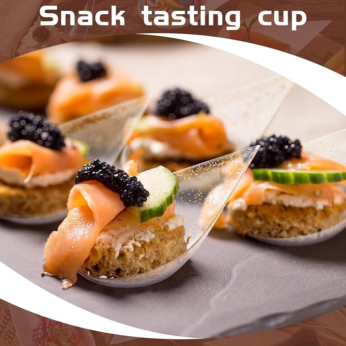 Tessco for you 400 Pcs 4" Tear Drop Appetizer Spoons Mini Appetizer Plates Reusable Tasting Spoons Plates Catering Supplies Disposable for Serving Small Desserts Cakes Bowls (Clear with Gold Glitter)